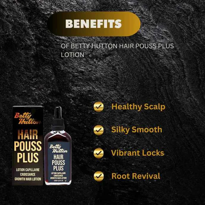 Betty Hutton Hair Pouss Plus Lotion bottle with white cap, 125 ml, displayed on a neutral background.