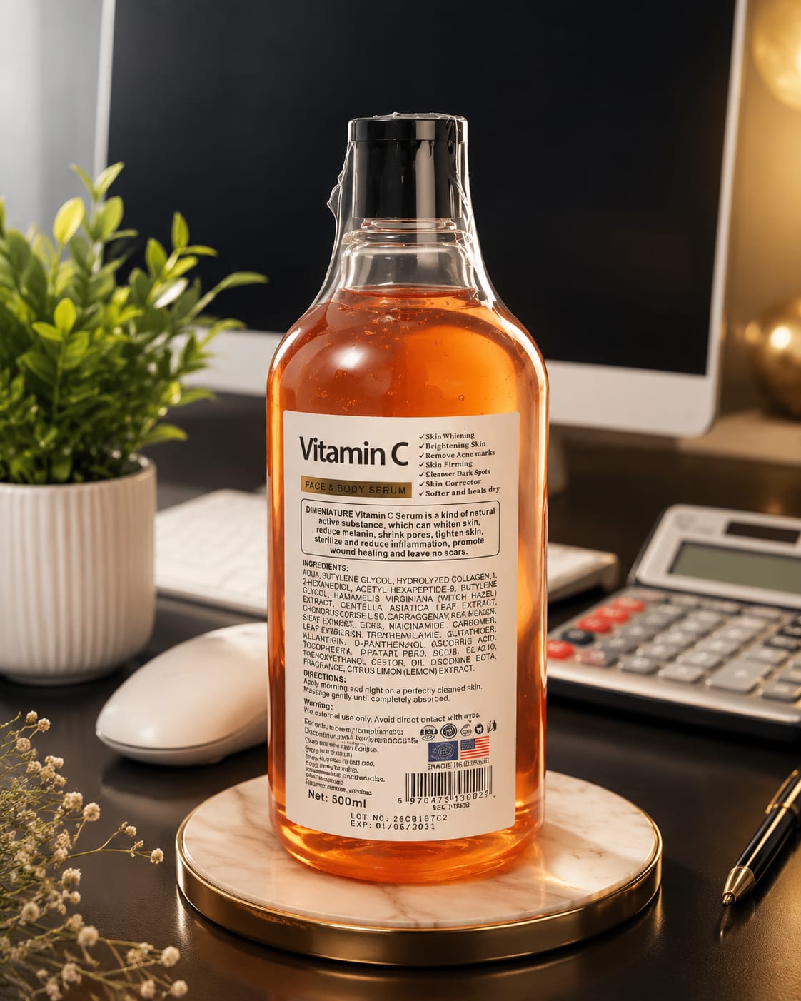 Dr. Meinaier Vitamin C Face & Body Serum bottle, 500ml, with bright orange label and pump dispenser, on a white background.