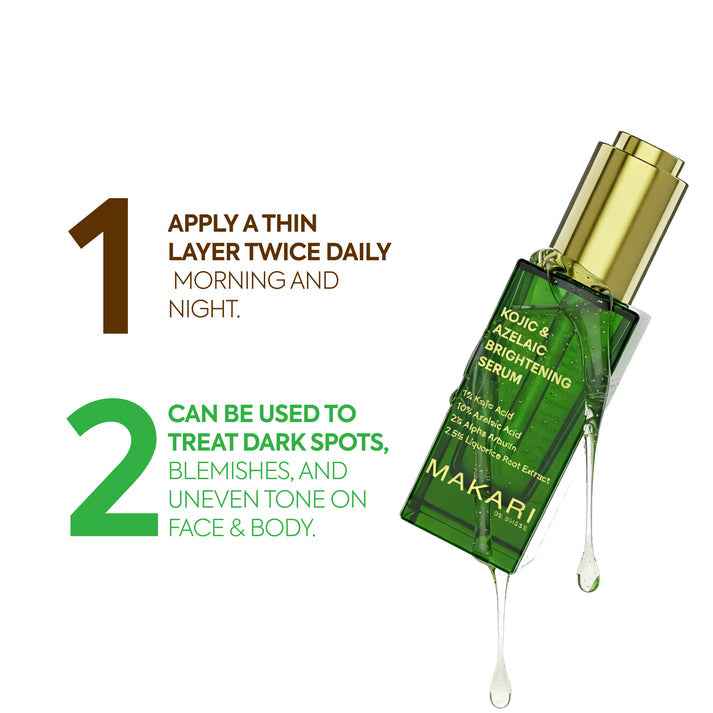 Bazarora Makari Kojic Acid serum bottle with dropper for skin brightening and blemish reduction.