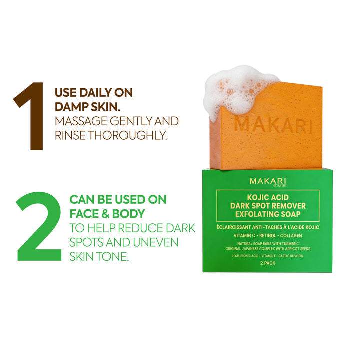 Bar of Makari Kojic Acid soap from Bazarora, showcasing a smooth, white soap bar with packaging in the background.