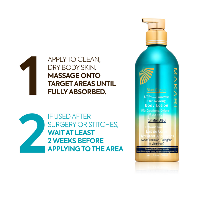 Makari Blue Crystal lotion bottle with blue and white packaging, showcasing the luxurious skincare product.