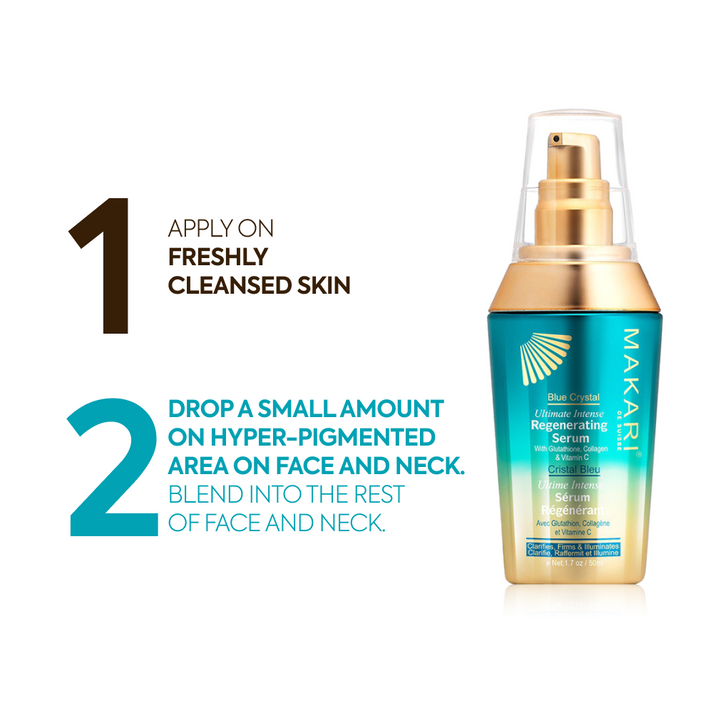 Makari Blue Crystal serum bottle with blue liquid inside, showcasing the skincare product in a clear container.