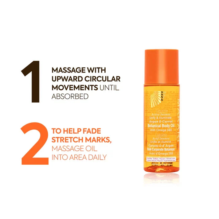 Makari Extreme Argan and Carrot Body Oil bottle with a dropper, highlighting nourishing skincare ingredients.