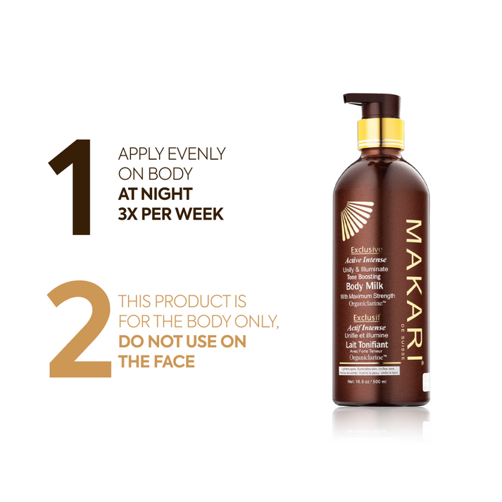 Makari Exclusive lotion bottle with sleek design, featuring the Makari brand logo and a white and gold color scheme.