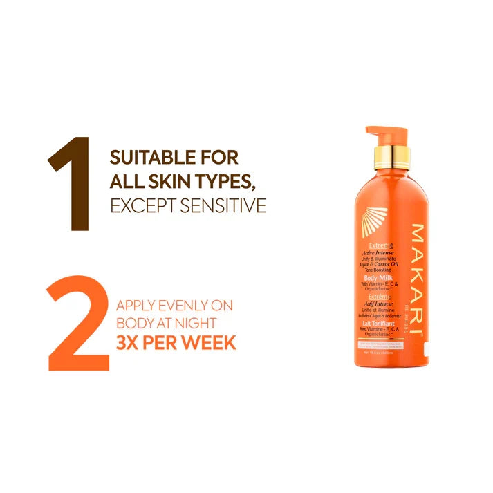 Makari Extreme Argan and Carrot Oil bottle with pump dispenser, featuring a sleek design and label detailing the product.