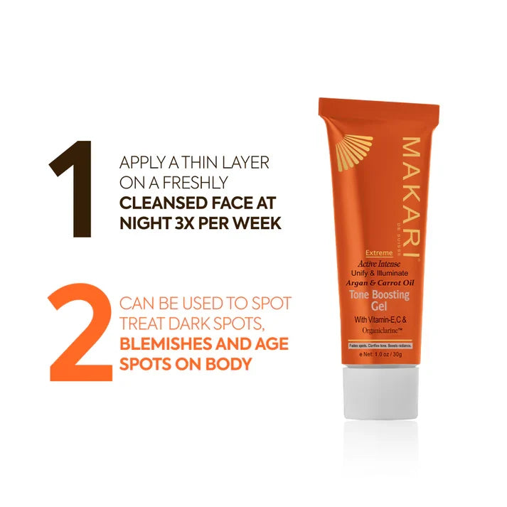 Makari Extreme Argan & Carrot Oil gel in a clear container, showcasing the product's vibrant orange color and smooth gel texture.