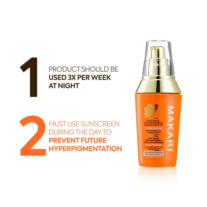 Makari Extreme Argan and Carrot Oil serum bottle with dropper, showing the product label and packaging.