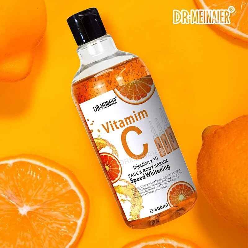 Dr. Meinaier Vitamin C Face and Body Serum bottle, 500ml with pump dispenser, showcasing clear liquid and label.