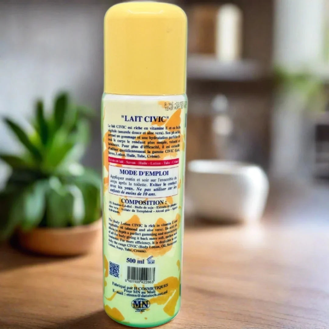 Civic Lait Civic Fast Action Body Lotion in a 500ml bottle, showing the lotion with a smooth, lightweight texture and pump dispenser.