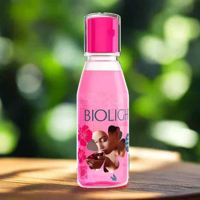 Biolight Hibiscus Flower Oil 50ml bottle with hibiscus flowers and leaves, showcasing natural ingredients and packaging.