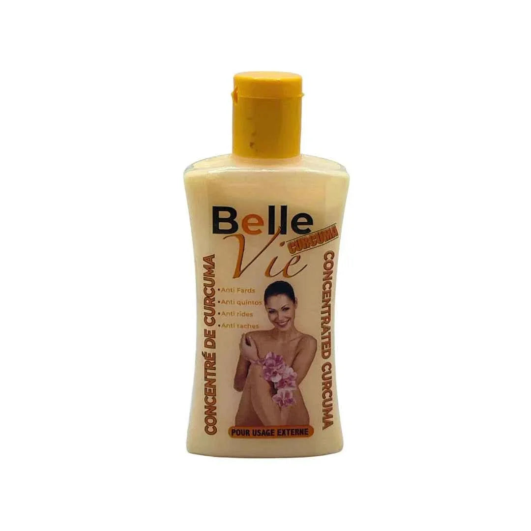 BelleVie Concentrated Curcuma in a 70ml bottle, featuring fresh turmeric root and vibrant yellow liquid for health supplement use.