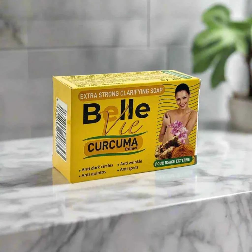 Bellevie Curcuma Extract Cleansing Soap 225g, showing a white soap bar with turmeric extract, natural skincare product for cleansing.