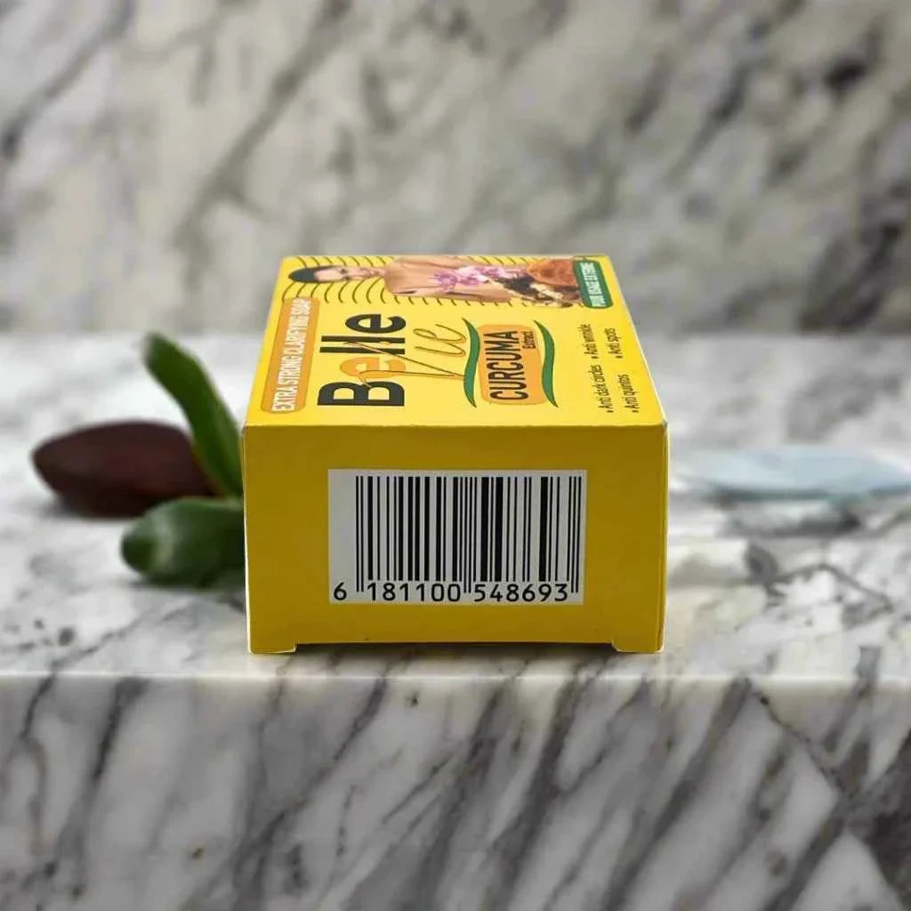 Bellevie Curcuma Extract Cleansing Soap 225g with turmeric-infused formula, shown in a clear soap bar packaging.