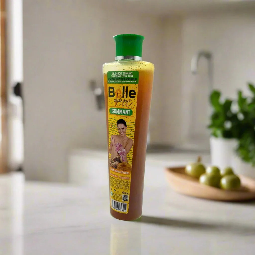 BelleVie Shower Gel Scrub in a 700g bottle, featuring a creamy texture and exfoliating particles for smooth, refreshed skin.