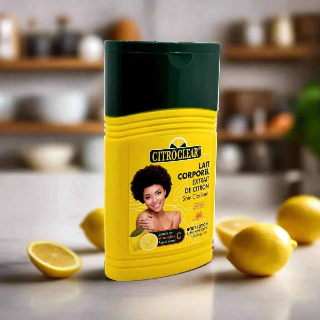 Citroclear Lemon Extract Body Lotion in a 275ml bottle, featuring a lemon-themed label and pump dispenser.