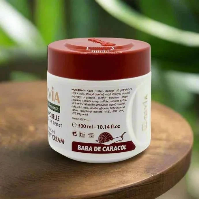 Bravia Body Cream 300ml jar showing smooth, creamy texture and labeled packaging for moisturizing skincare.
