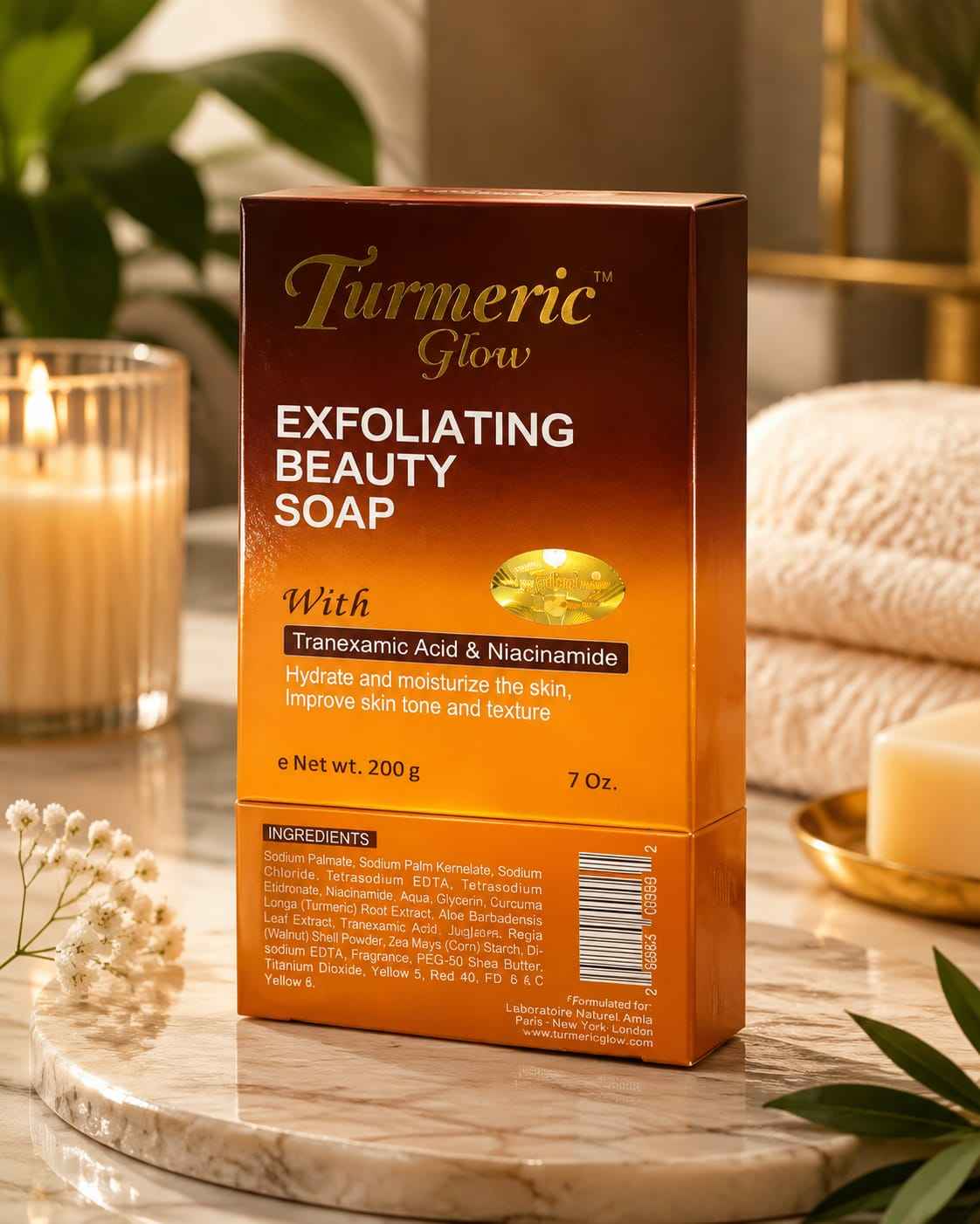 Turmeric Glow Turmeric Glow Beauty Soap bar with turmeric extract and niacinamide, 200g, showcasing the soap's golden color and smooth texture.