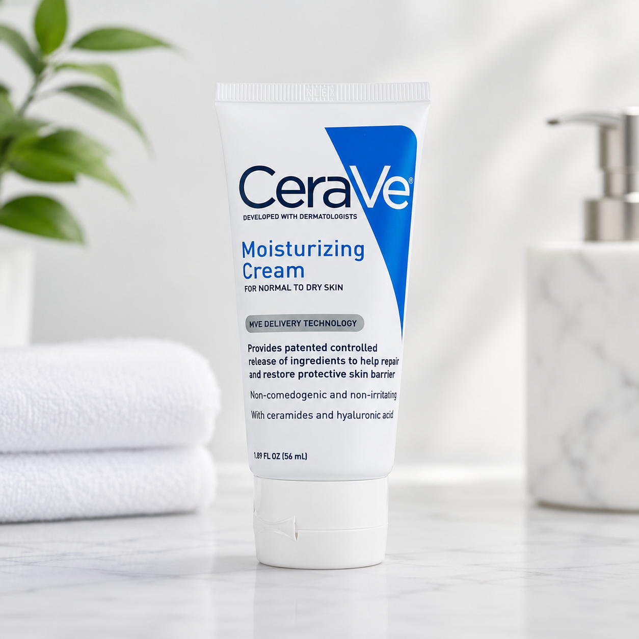 CeraVe Moisturizing Face & Body Cream for normal to dry skin, featuring ceramides and hyaluronic acid, in a 56 ml container.