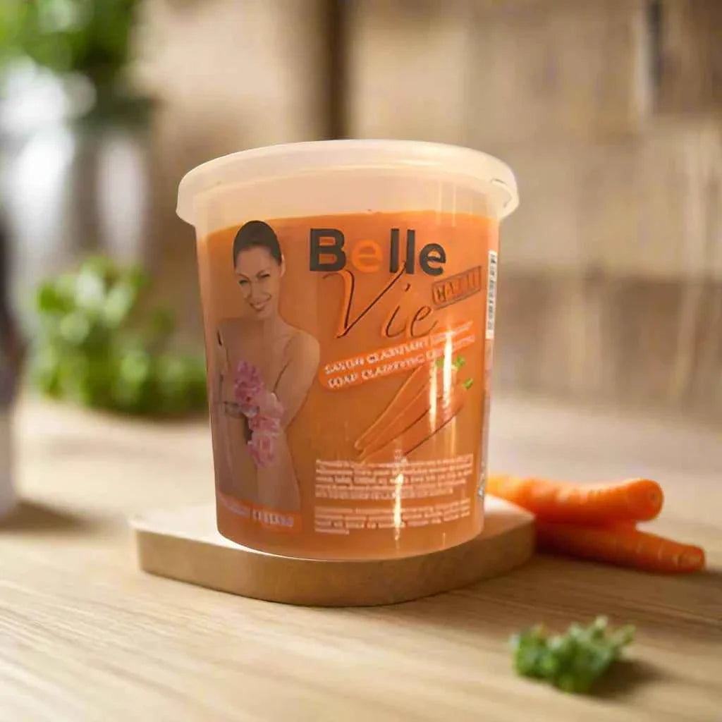 Belle Vie Carotte Cleansing Soap 670g bar showing textured orange soap with carrot extract and fresh herbal ingredients.