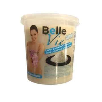 Belle Vie Glutathione Cleansing Soap 670g bar with white and pink packaging, showcasing the soap's texture and branding.