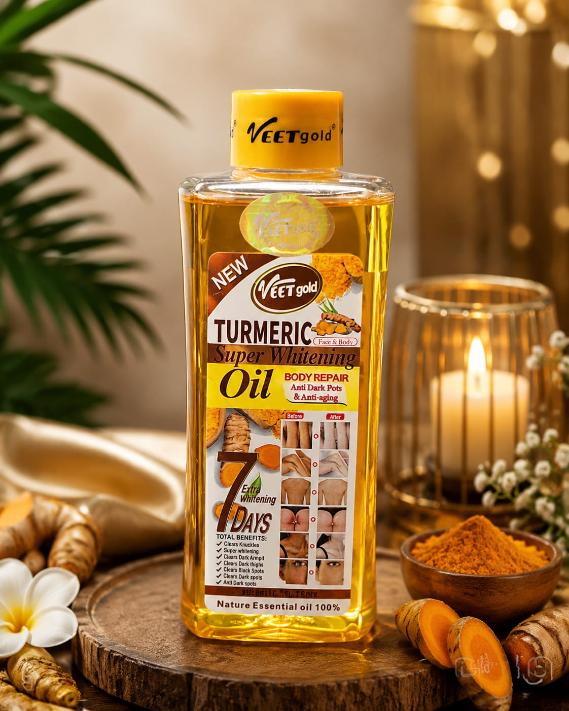 Veet Gold turmeric body oil bottle, 1000ml, with golden turmeric roots and natural ingredients visible in the packaging.