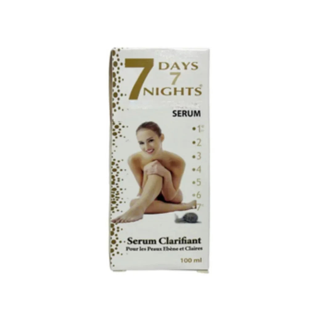 7 Days 7 Nights Serum 100ml bottle with pump dispenser, clear liquid inside, designed for skincare and hydration.