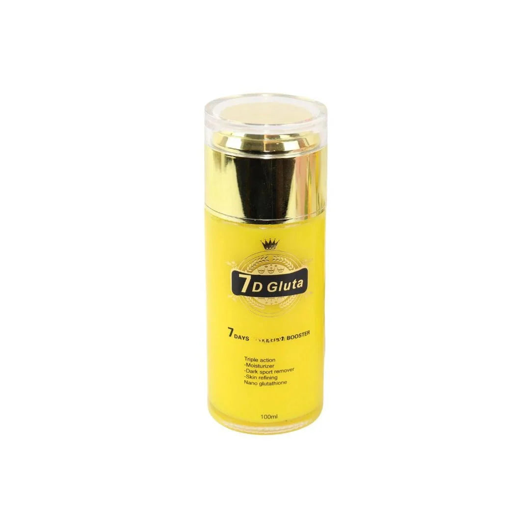 7 Days Gluta Super Skin Booster Care Serum 100ml bottle with pump dispenser, clear liquid serum for skin brightening and hydration.