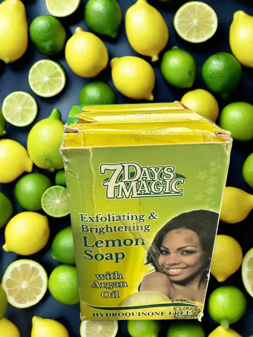 7 Days Magic Lemon Soap 200g bar with bright yellow lemon scent and fresh citrus aroma, designed for cleansing and refreshing skin.