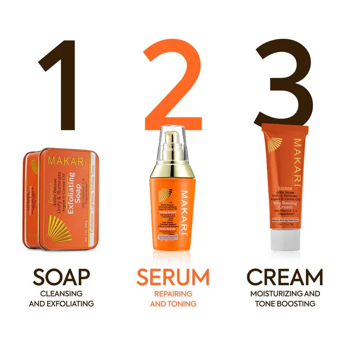 Makari Extreme Argan & Carrot Oil serum in a clear glass bottle with dropper, showcasing its nourishing formula for skin and hair.