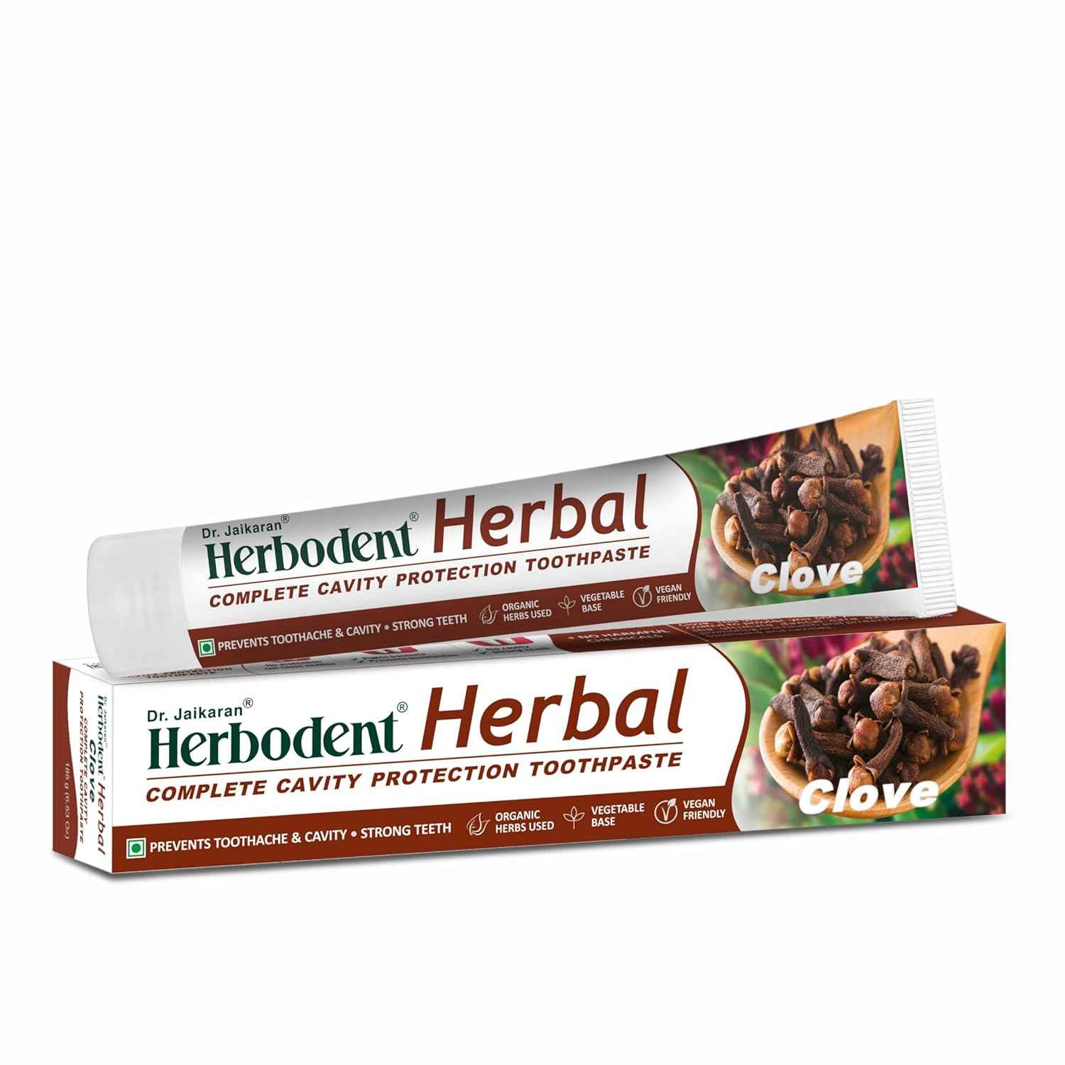 Herbodent Herbal Clove Toothpaste in a tube, fluoride-free, with natural herbal ingredients for fresh breath and oral care.