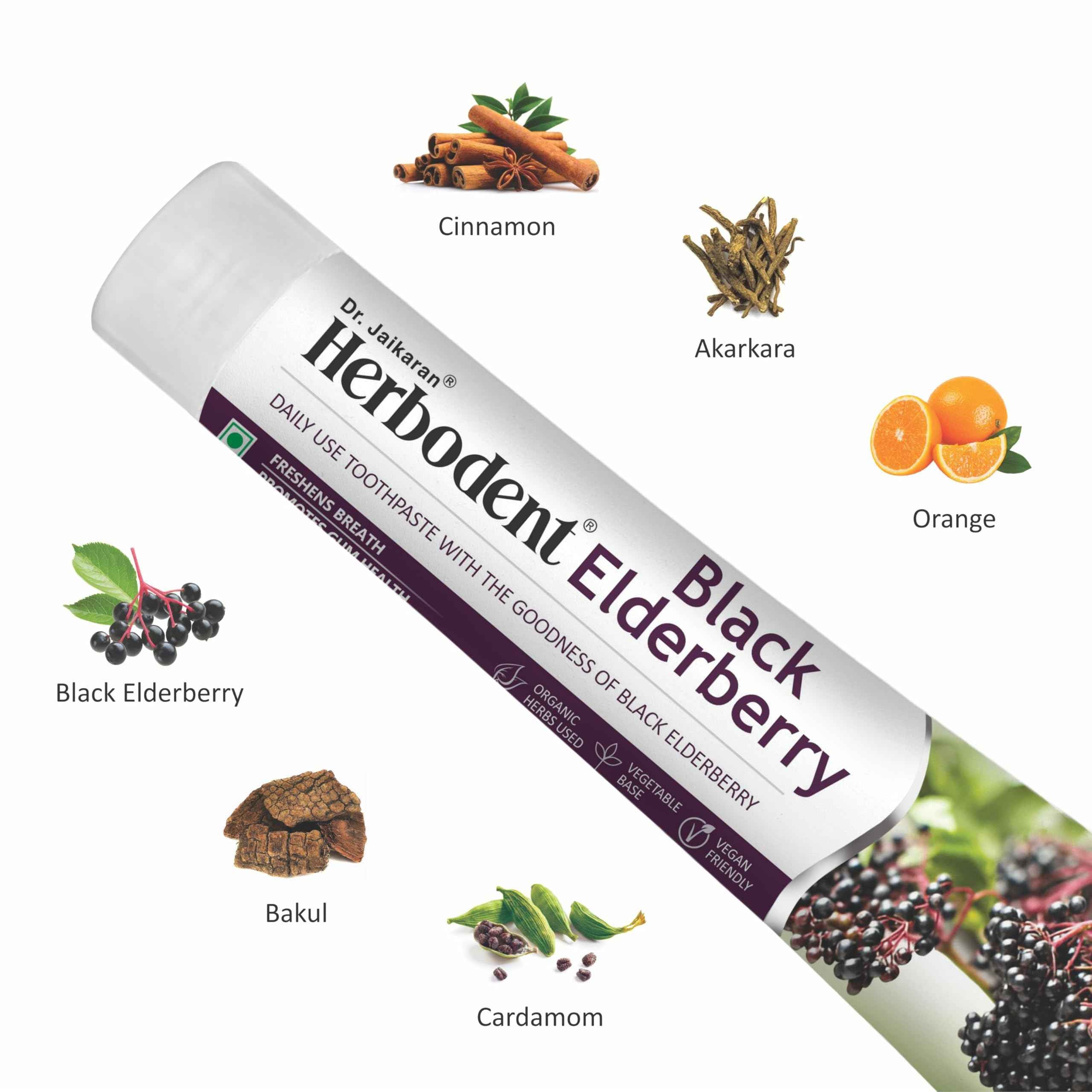 Herbodent Black Elderberry Herbal Toothpaste with 5 organic herbs, 185g, showing the toothpaste tube and herbal ingredients.