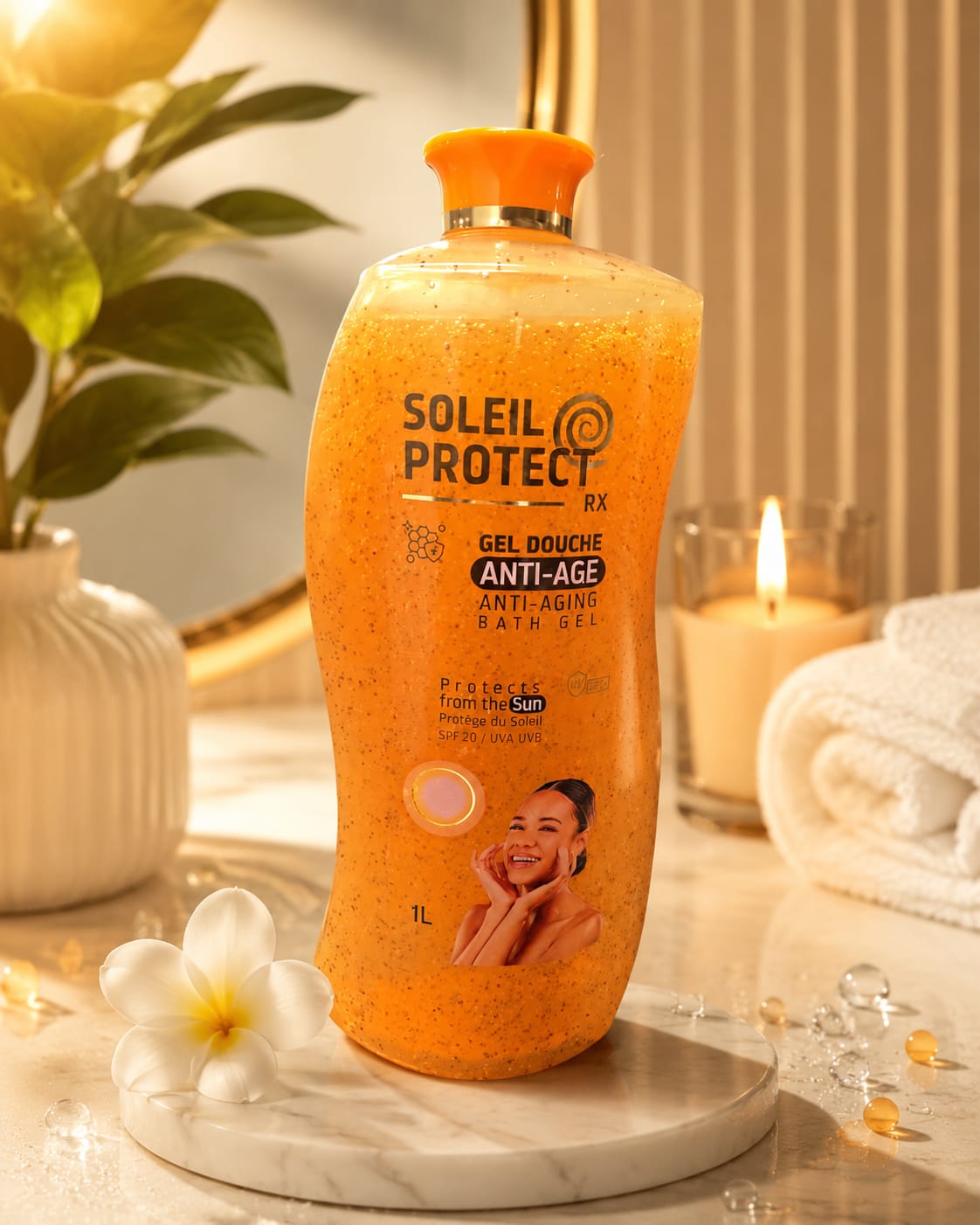 Soleil Protect Sun Care Shower Gel in a 1-liter bottle with a blue and white label, designed for gentle skin cleansing after sun exposure.