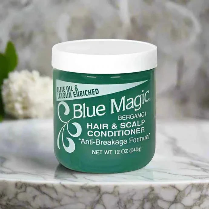 Blue Magic Original Bergamot Hair & Scalp Conditioner 12oz bottle with a blue label and white cap, focusing on hair care.