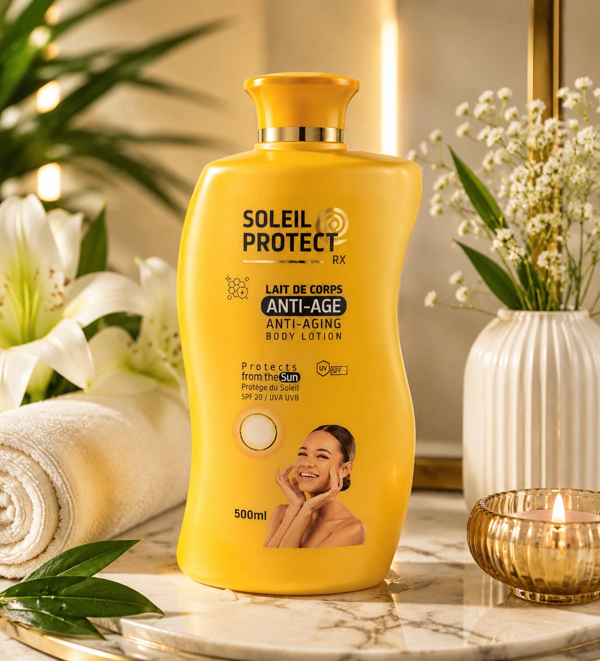 Soleil Protect Sun Care Body Lotion 500ml bottle with white and blue packaging, designed for sun protection and skin hydration