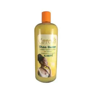 Carotis Shea Butter Carrot Body Scrub with Vitamin A in a 33.8 oz jar, showing the creamy, textured scrub with carrot and shea ingredients.