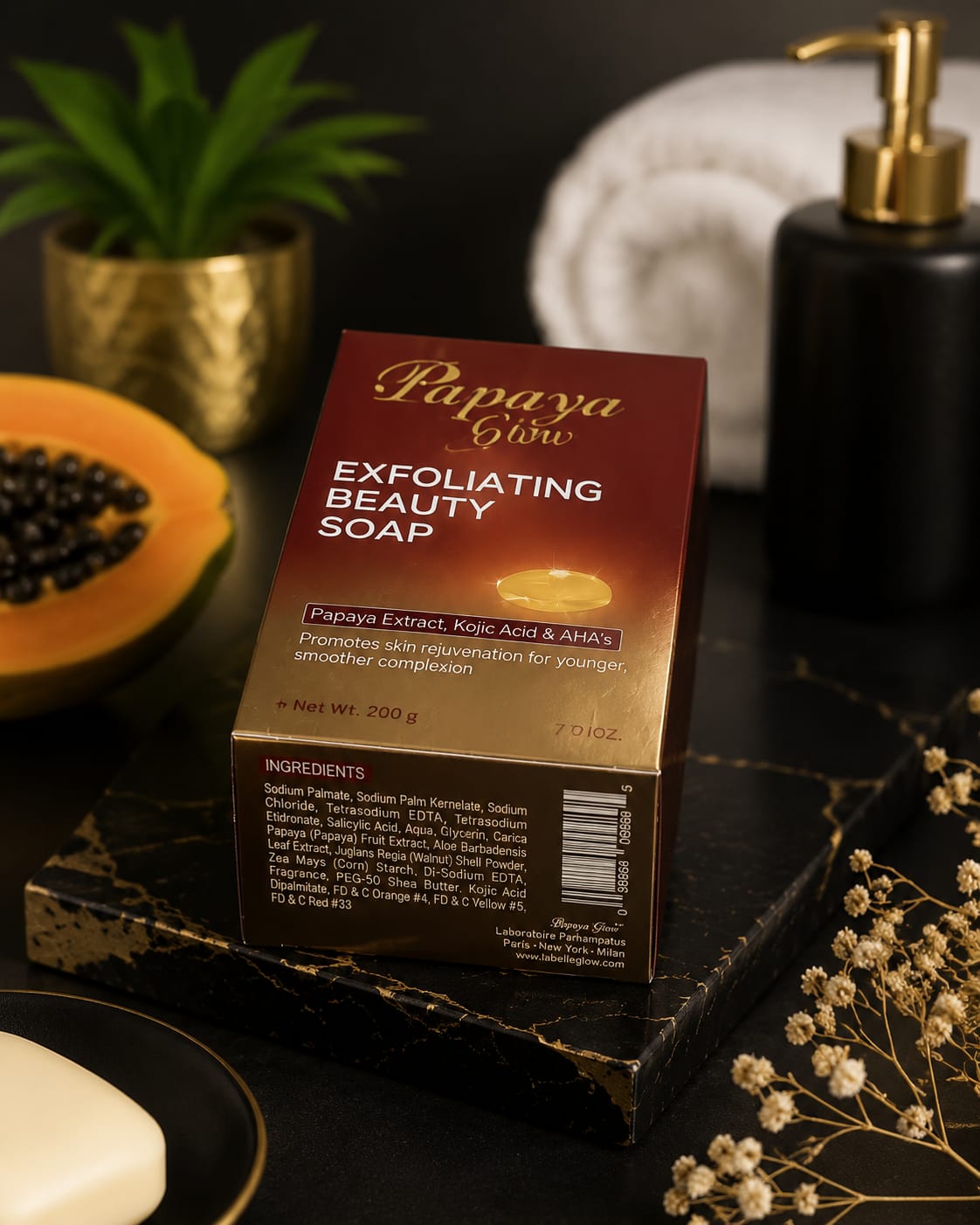 Papaya Glow Beauty Soap 7 oz bar with fresh papaya extract and natural ingredients for glowing skin, shown wrapped in packaging.