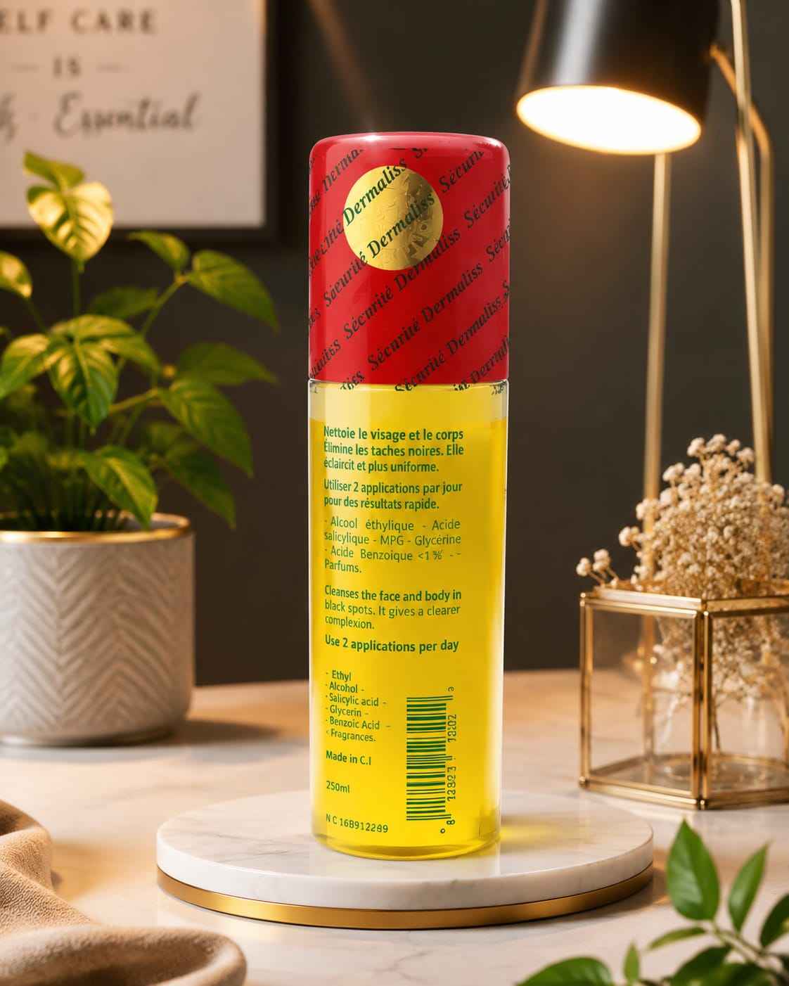 Dermaliss Beauty Lotion and Cleanser for face and body, 250ml bottle with pump dispenser, gentle skincare product.
