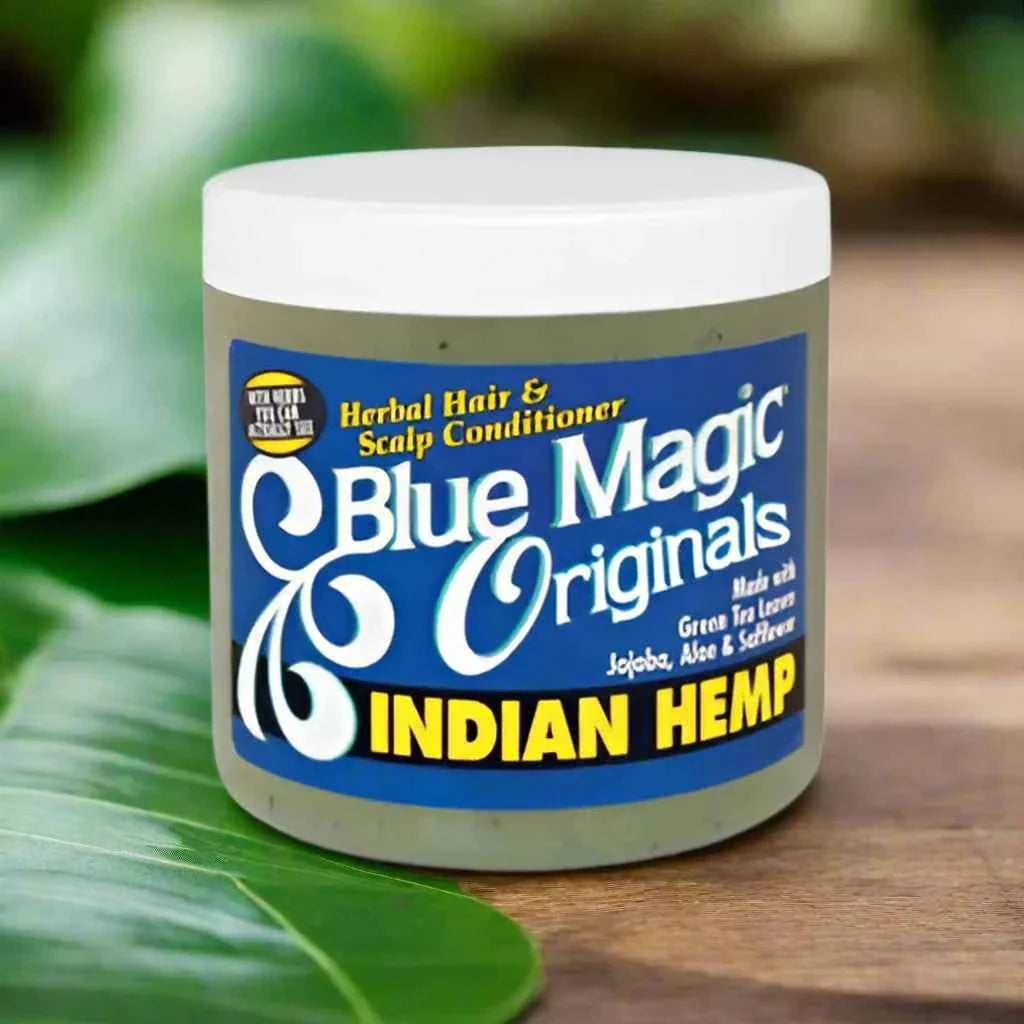 Blue Magic Indian Hemp Herbal Hair & Scalp Conditioner in 12oz bottle, featuring blue and white packaging with herbal ingredients.