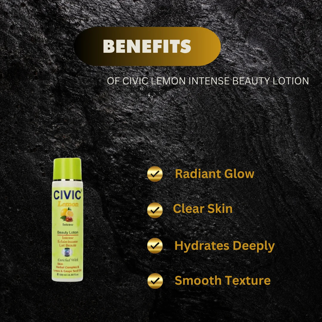 Civic Lemon Beauty Lotion in 16.8 oz bottle, showing the clear bottle with lemon-scented skincare lotion inside.