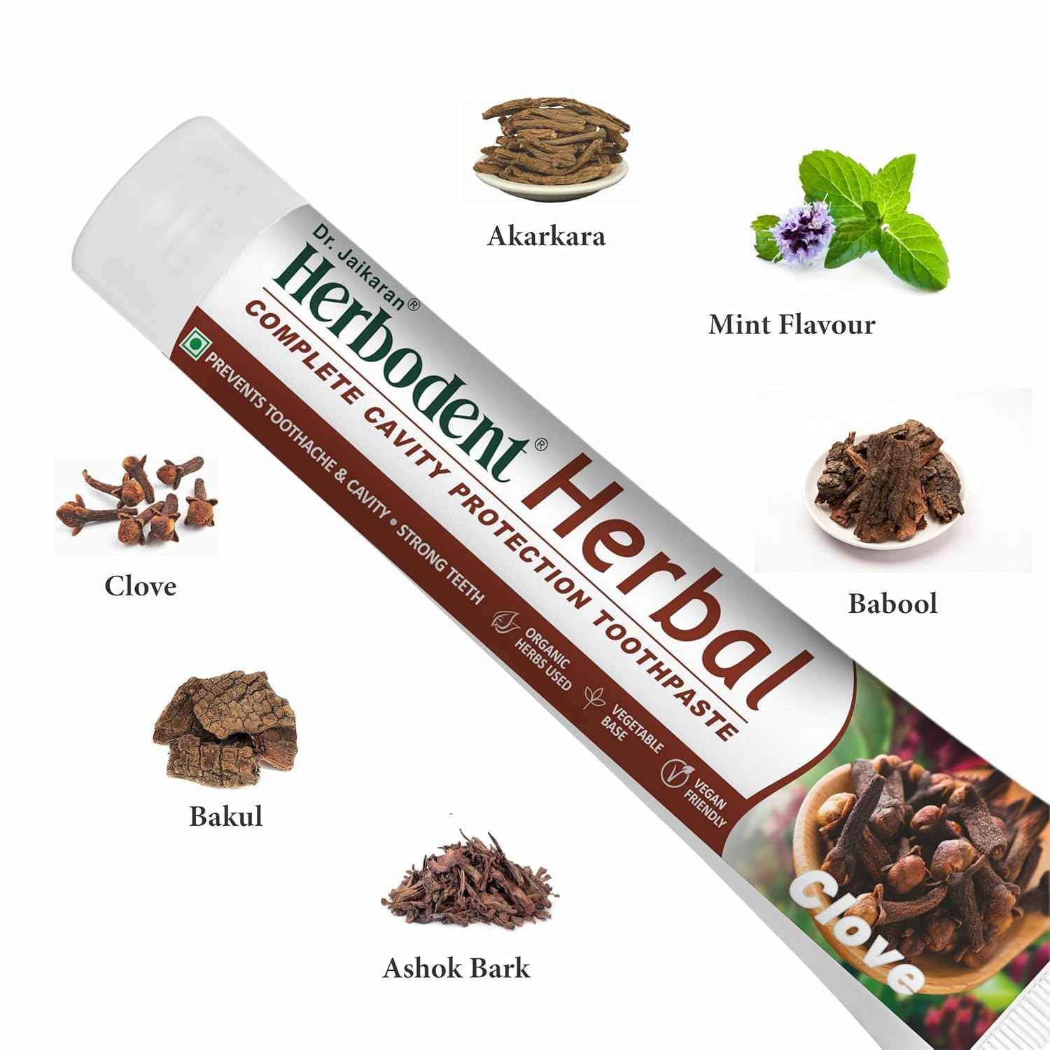 Herbodent Herbal Clove Toothpaste fluoride-free tube with herbal ingredients and clove flavor for fresh breath and oral care.