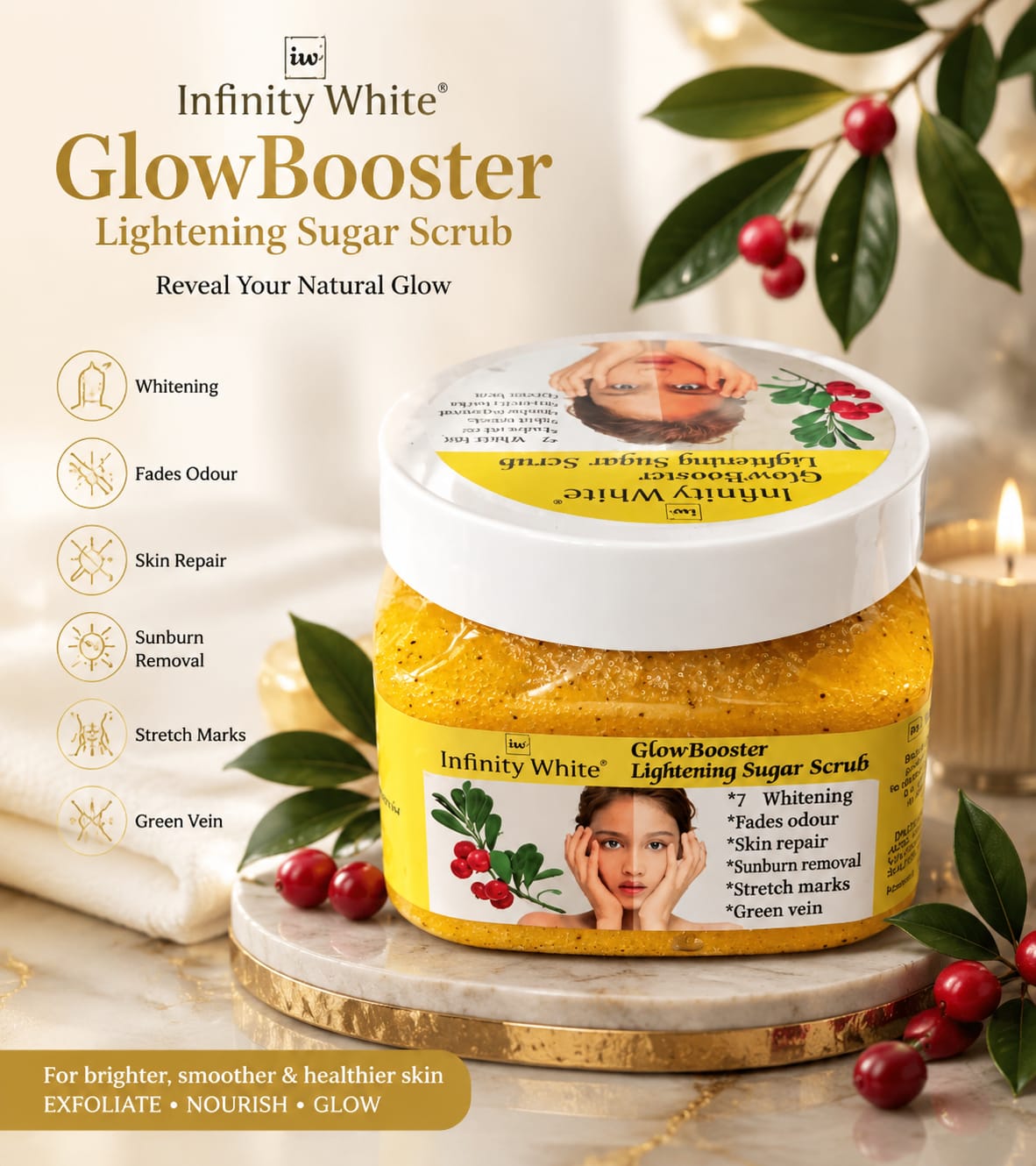 Infinity White Glow Booster Sugar Scrub jar with white and pink label, showing the creamy textured scrub inside.