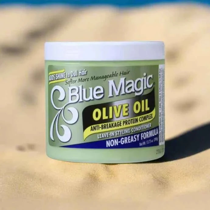 Blue Magic Olive Leave-In Styling Conditioner in 13.75oz bottle, showing the blue and white packaging with product label.