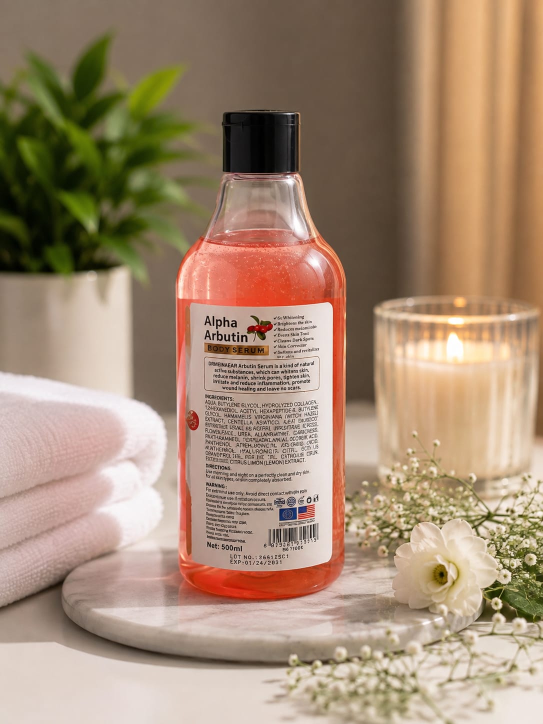 Dr. Meinaier Alpha Arbutin face and body serum in a 500ml bottle, showing the clear liquid and product label.