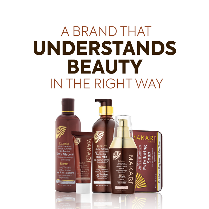 Makari Exclusive skincare product in a sleek bottle with a pump dispenser, designed for skin brightening and hydration.