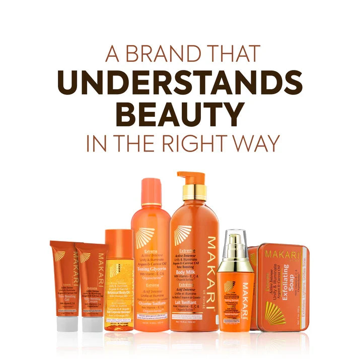 Makari Extreme Argan and Carrot Oil lotion bottle with a sleek design and label, displayed against a plain background.