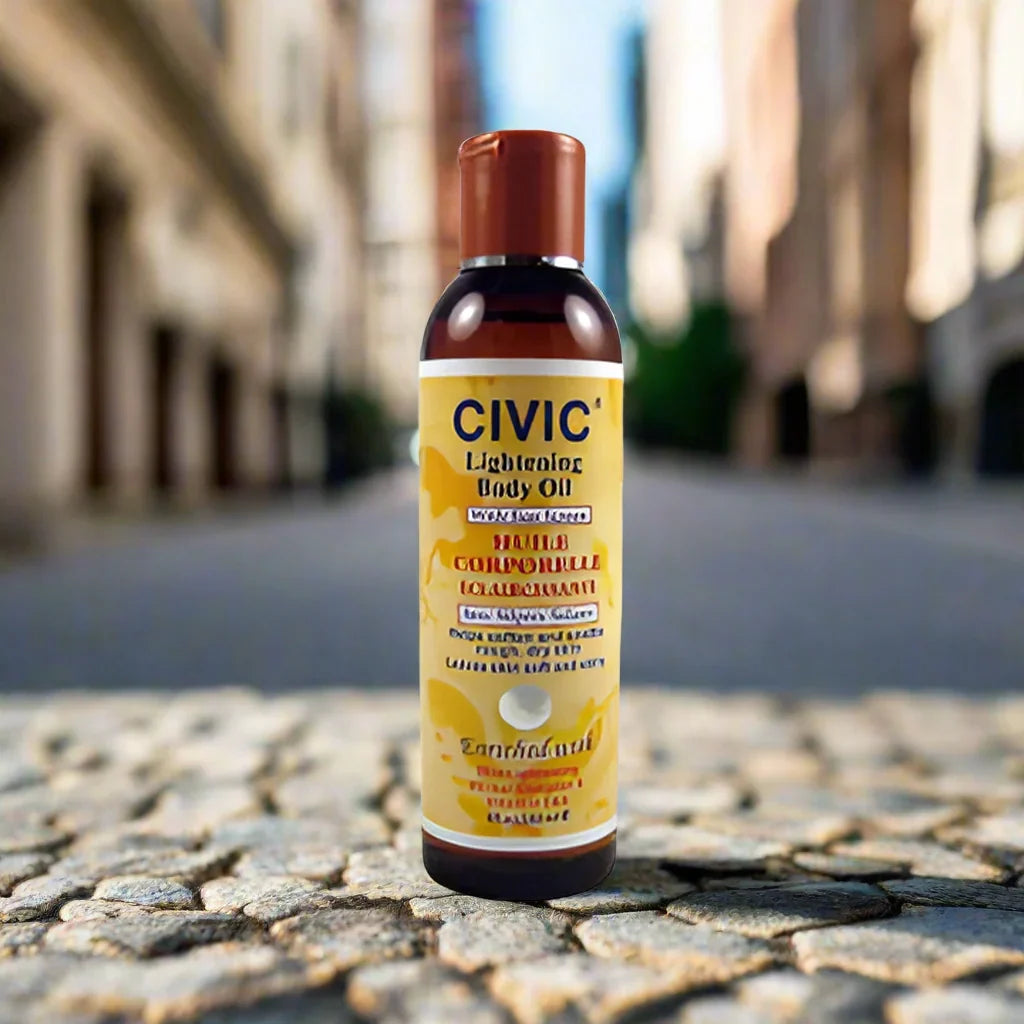 Civic Body Oil in a 6 oz bottle, featuring a sleek design with the oil visible in the transparent container.