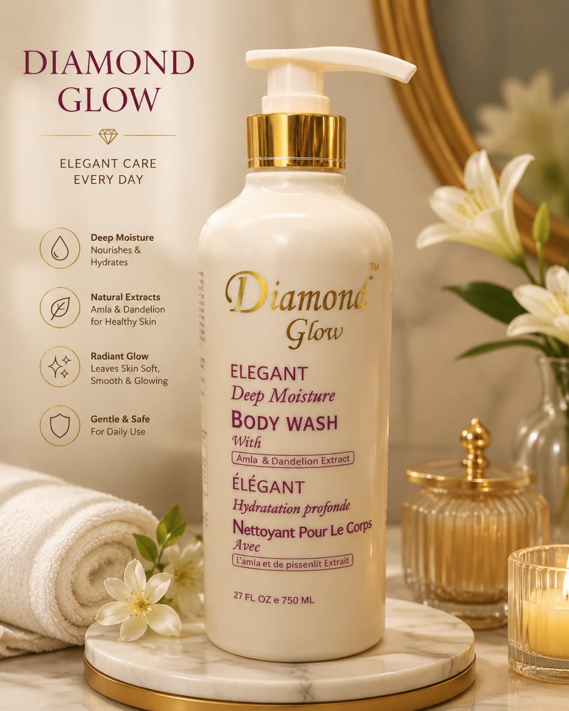 Diamond Glow Elegant Deep Moisture Body Wash in 750ml bottle, with a rich, hydrating formula and sleek packaging.