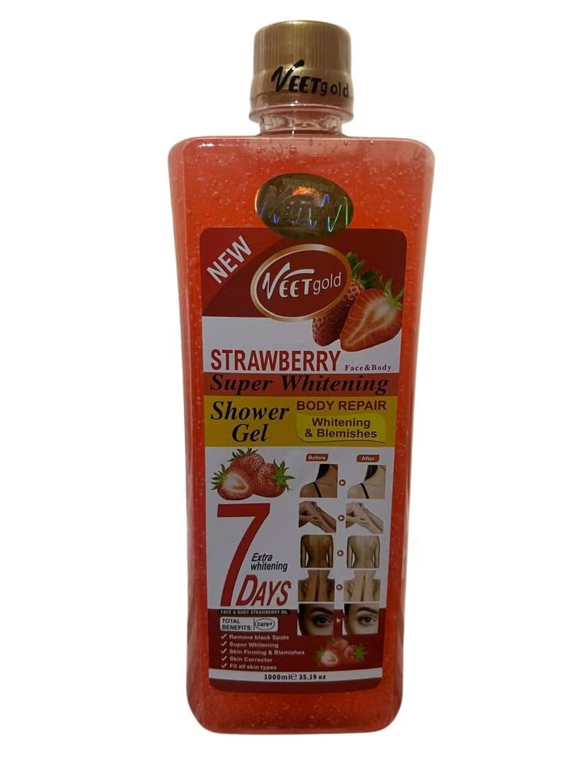 Veet Gold Strawberry Shower Gel with strawberry extract in a 1000ml bottle, daily cleansing body wash with a fresh strawberry scent.