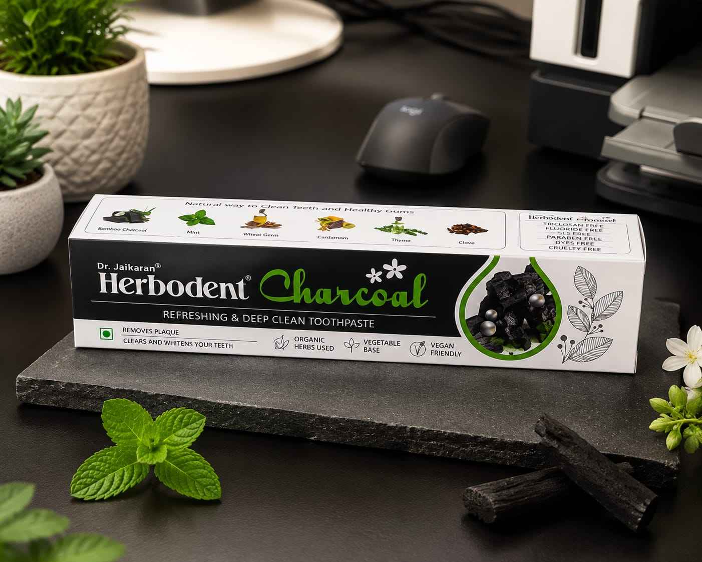 Herbodent Charcoal Toothpaste with bamboo charcoal and herbal oils in 100g tube, showing the toothpaste and herbal ingredients.