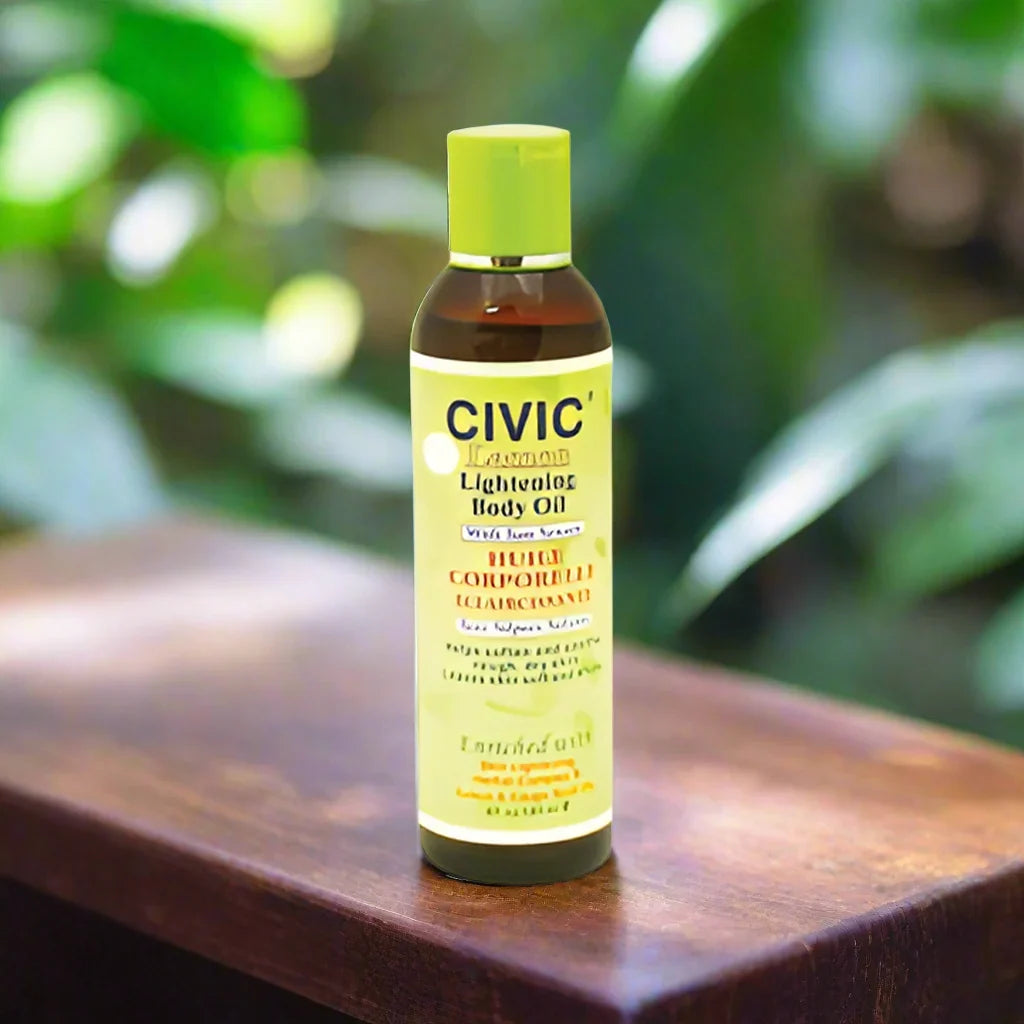 Civic Lemon Body Oil 6 oz bottle with a clear label, showing bright lemon imagery and natural skincare branding.